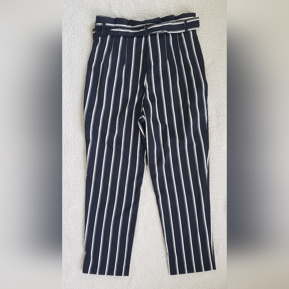 H&M NAVY STRIPE PANTS WITH BELT - Picture 1 of 6